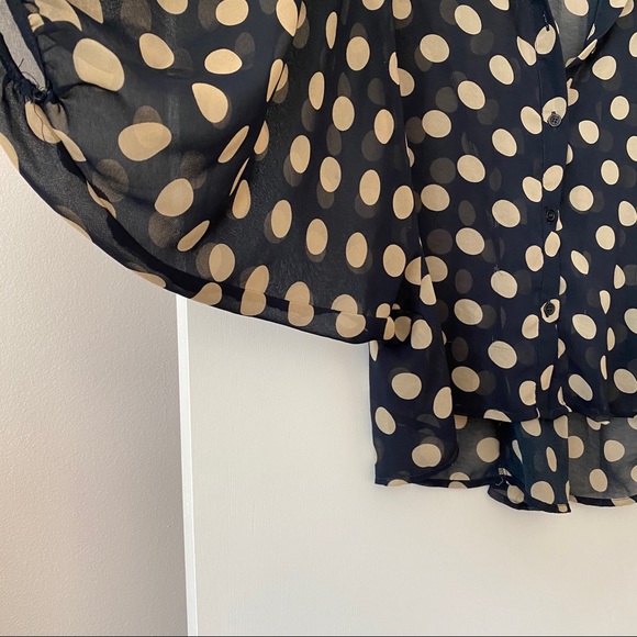 Navy & Tan Polka Dot Pintuck Sleeve Dolman Blouse - Picture 3 of 11